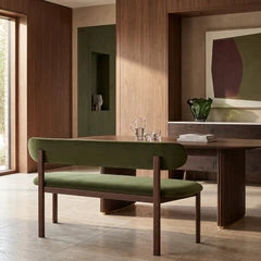 Arbor 3 Seater Dining Bench | Olive Green Sustainable Velvet & Walnut