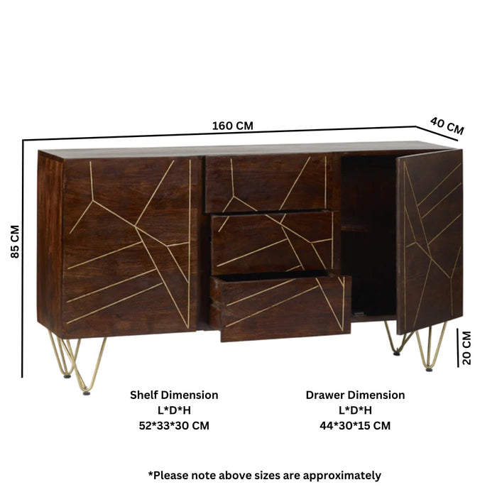 Dark Gold Extra Large Sideboard 3 Drawers and 2 Doors