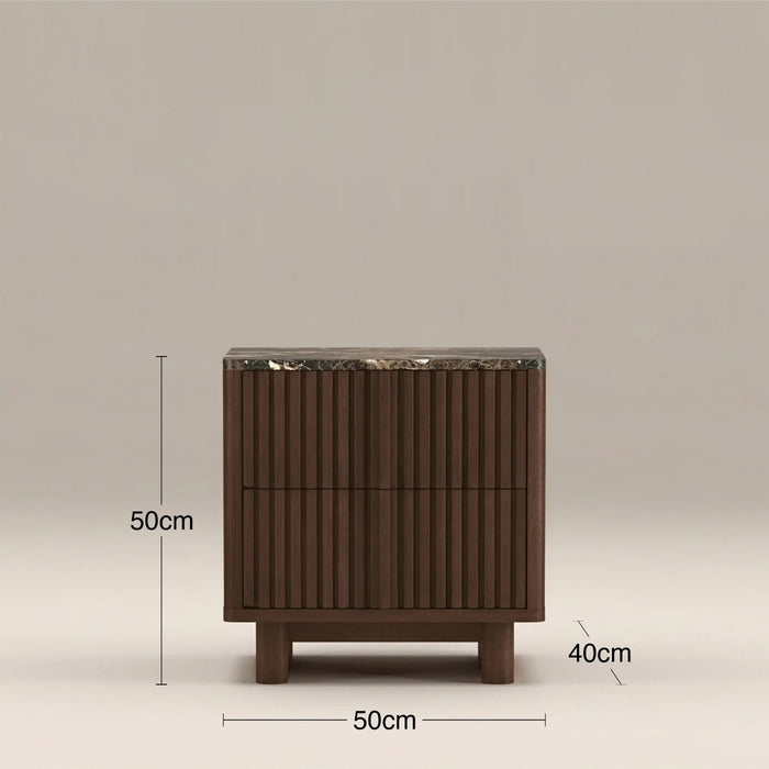 Janis 2 Drawer Square Bedside Table Emperador Brown Honed Marble & Walnut