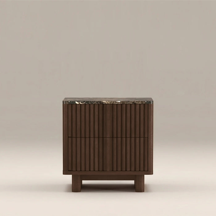 Janis 2 Drawer Square Bedside Table Emperador Brown Honed Marble & Walnut