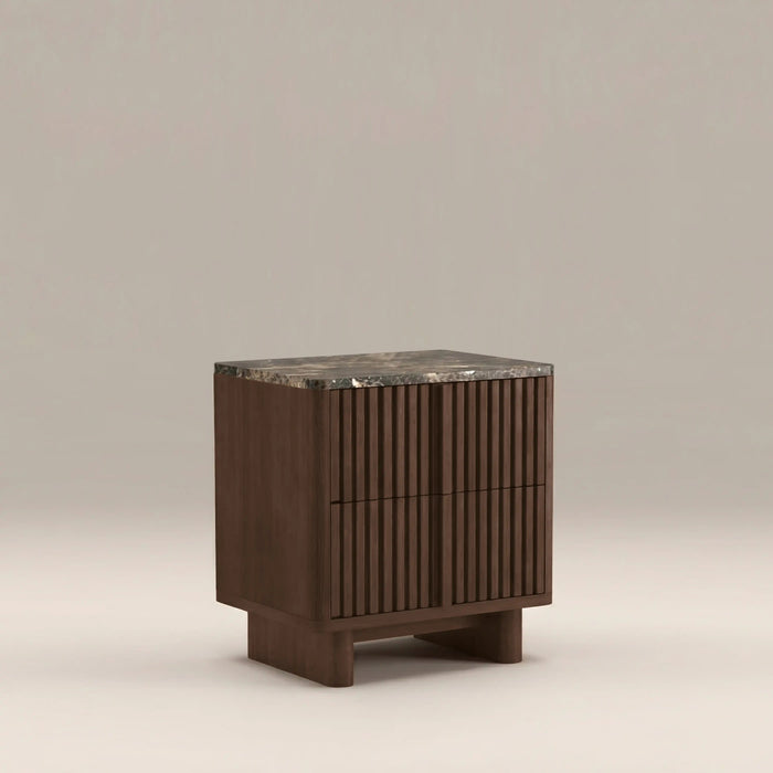Janis 2 Drawer Square Bedside Table Emperador Brown Honed Marble & Walnut