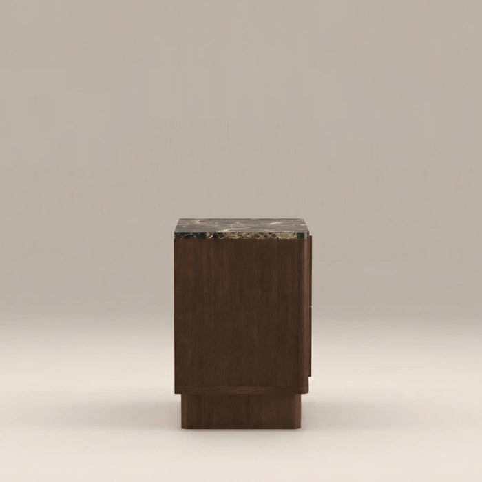 Janis 2 Drawer Square Bedside Table Emperador Brown Honed Marble & Walnut