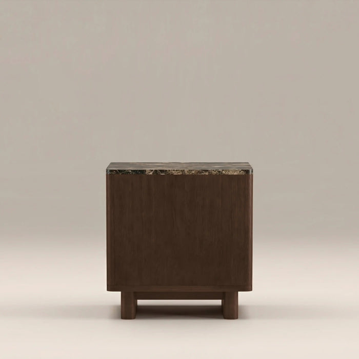 Janis 2 Drawer Square Bedside Table Emperador Brown Honed Marble & Walnut