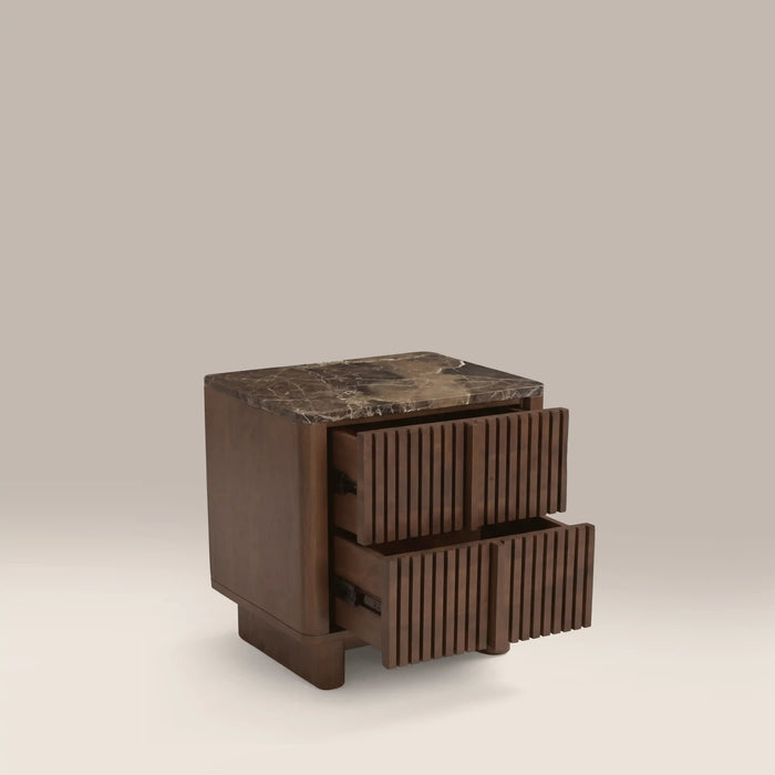 Janis 2 Drawer Square Bedside Table Emperador Brown Honed Marble & Walnut