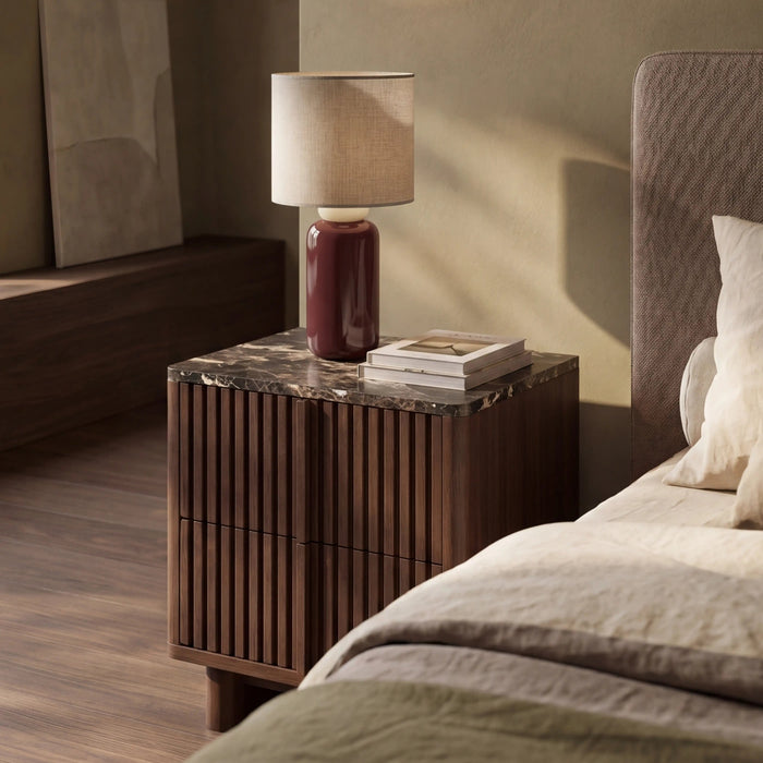 Janis 2 Drawer Square Bedside Table Emperador Brown Honed Marble & Walnut