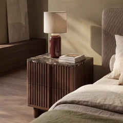 Janis 2 Drawer Square Bedside Table | Emperador Brown Honed Marble & Walnut