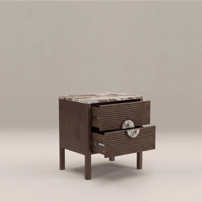 Tana 2 Drawer Rectangle Bedside Table French Riviera Honed Marble & Walnut