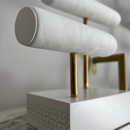 Boho Betty Two Tier Faux Suede T-Bar Display Stand – Gold & White Bracelet Holder