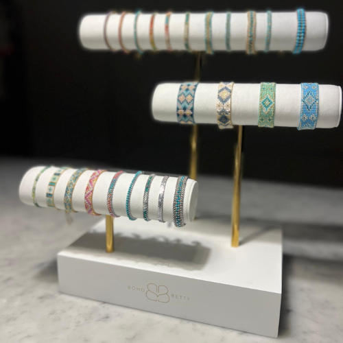 Boho Betty Three Tier T-Bar Faux Suede Display Stand – Gold & White Multi-Level Bracelet Holder
