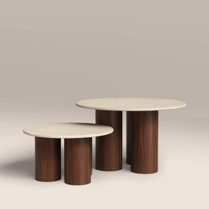 Brynleigh Set of 2 Round Nesting Coffee Tables Natural Travertine Effect Sintered Stone & Walnut