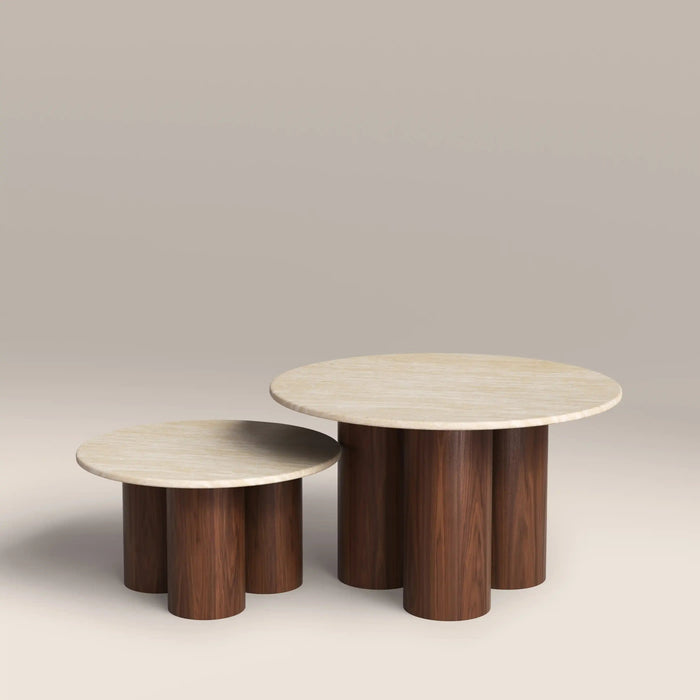 Brynleigh Set of 2 Round Nesting Coffee Tables Natural Travertine Effect Sintered Stone & Walnut