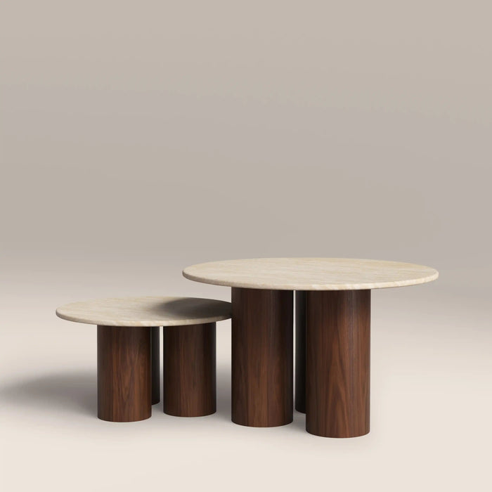 Brynleigh Set of 2 Round Nesting Coffee Tables Natural Travertine Effect Sintered Stone & Walnut