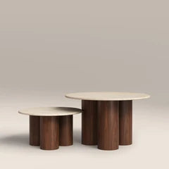 Brynleigh Set of 2 Round Nesting Coffee Tables | Natural Travertine Effect Sintered Stone & Walnut