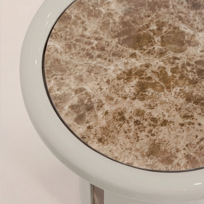 Imani Round Side Table Cappuccino Brown Marble & High Gloss Latte