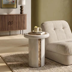 Imani Round Side Table | Cappuccino Brown Marble & High Gloss Latte