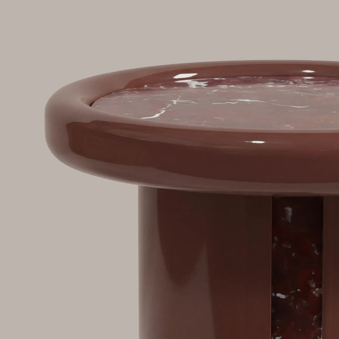 Imani Round Side Table Maroon Red Marble & High Gloss Burgundy