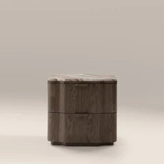 Lennon 2 Drawer Curved Bedside Table | French Riviera Marble & Walnut