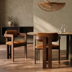 Hallie Wooden Carver Dining Chair | Caramel Brown Sustainable Mohair Velvet & Walnut