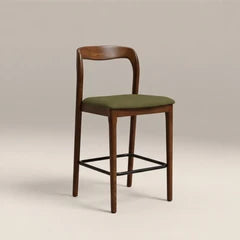 Madeleine Wooden Kitchen Stool | Moss Green Sustainable Mohair Velvet & Walnut