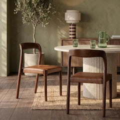Madeleine Stackable Wooden Dining Chair | Vintage Tan Faux Leather & Walnut