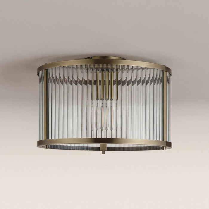 Ridgeton Flush Ceiling Light Ribbed Glass & Brass