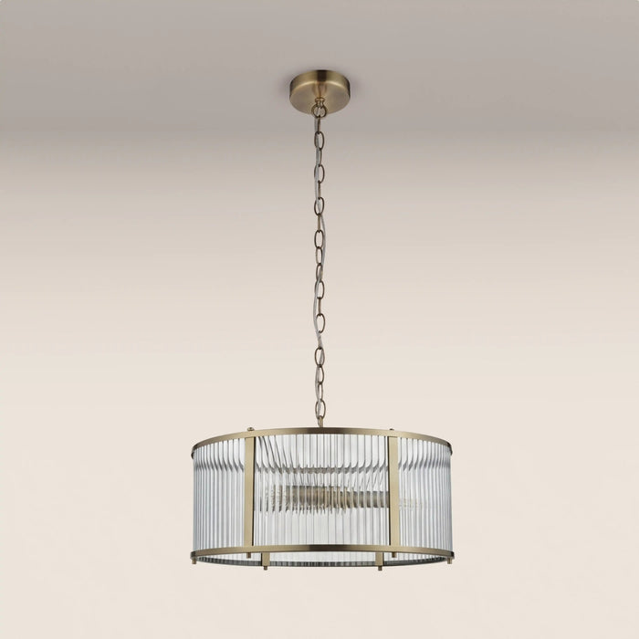 Ridgeton 3 Light Pendant Light Ribbed Glass & Brass