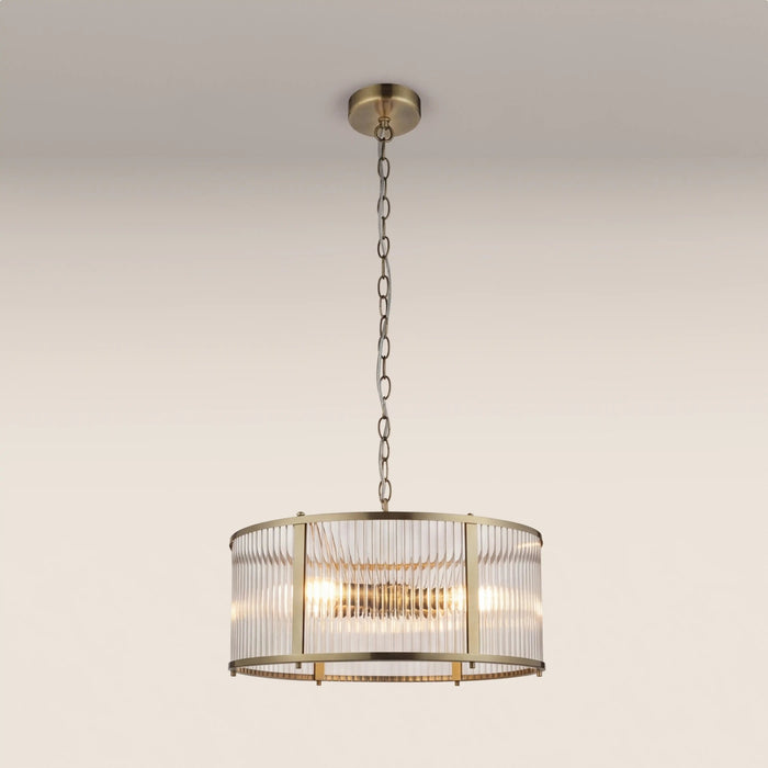 Ridgeton 3 Light Pendant Light Ribbed Glass & Brass