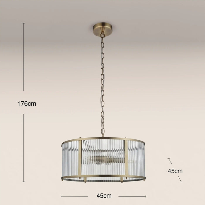 Ridgeton 3 Light Pendant Light Ribbed Glass & Brass