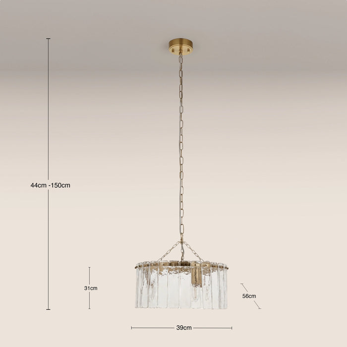 Melia 3 Light Pendant Light Rippled Glass & Brass