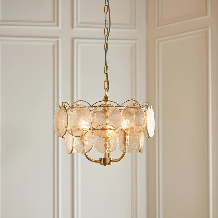 Lenora 3 Light Pendant Light Champagne Rippled Glass & Brass