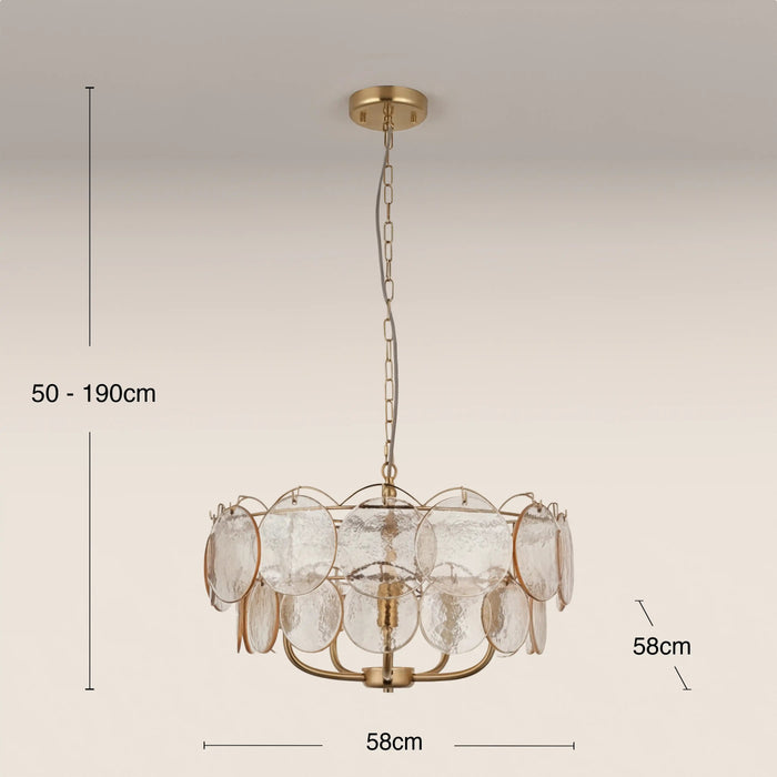Lenora 5 Light Pendant Light Champagne Rippled Glass & Brass