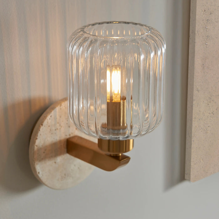 Nolan Ribbed Wall Light Natural Travertine & Brass