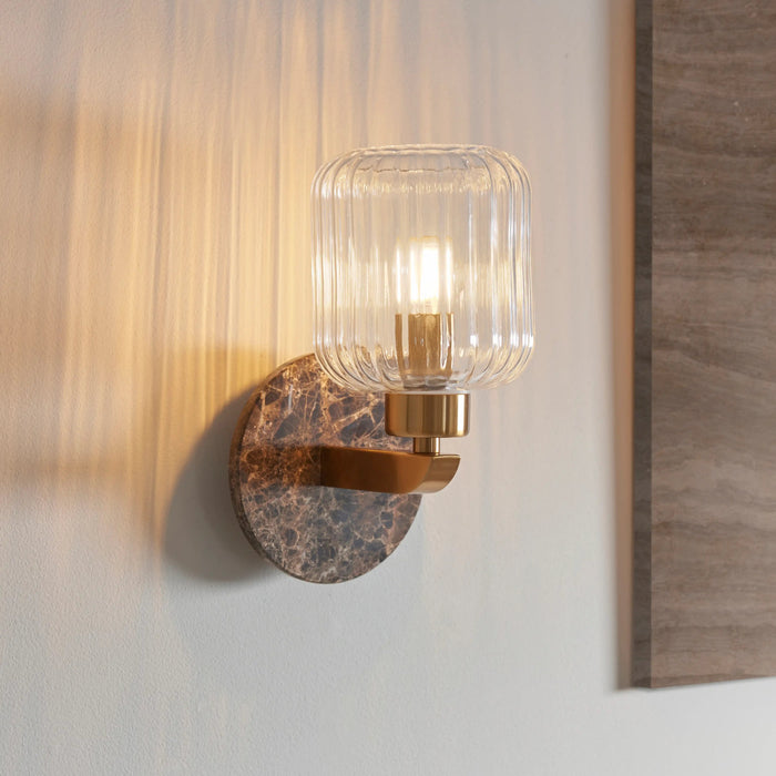 Nolan Ribbed Wall Light Dark Brown Marble & Brass