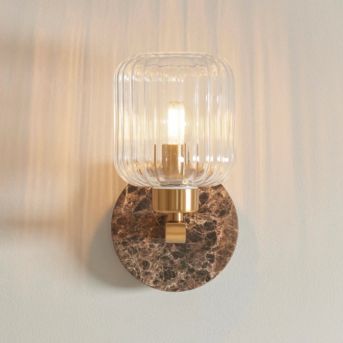 Nolan Ribbed Wall Light Dark Brown Marble & Brass