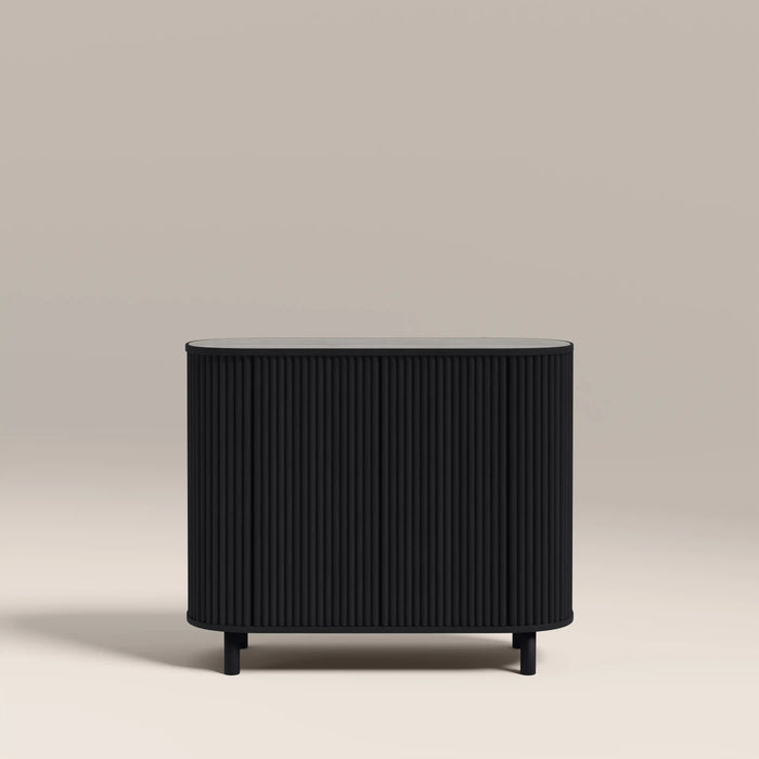 Santana 2 Door Sideboard Smoked Grey Travertine Effect Sintered Stone & Black