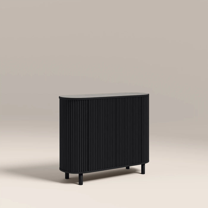 Santana 2 Door Sideboard Smoked Grey Travertine Effect Sintered Stone & Black