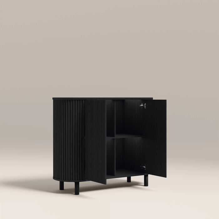 Santana 2 Door Sideboard Smoked Grey Travertine Effect Sintered Stone & Black