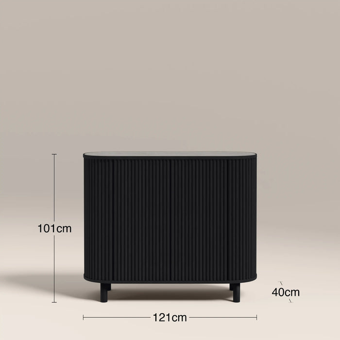 Santana 2 Door Sideboard Smoked Grey Travertine Effect Sintered Stone & Black