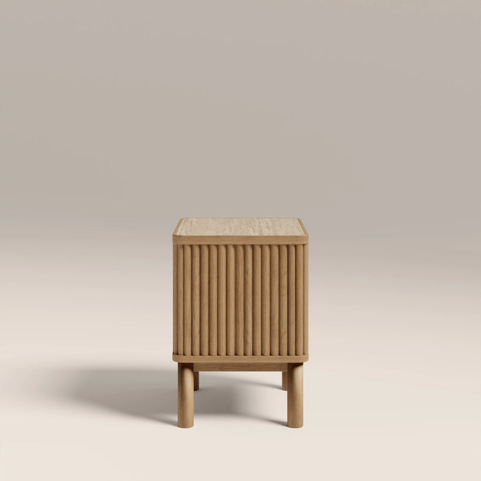 Santana 2 Drawer Rectangle Bedside Table Natural Travertine Effect Sintered Stone & Oak