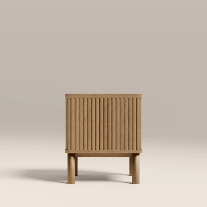 Santana 2 Drawer Rectangle Bedside Table Natural Travertine Effect Sintered Stone & Oak