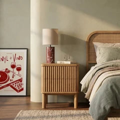Santana 2 Drawer Rectangle Bedside Table | Natural Travertine Effect Sintered Stone & Oak