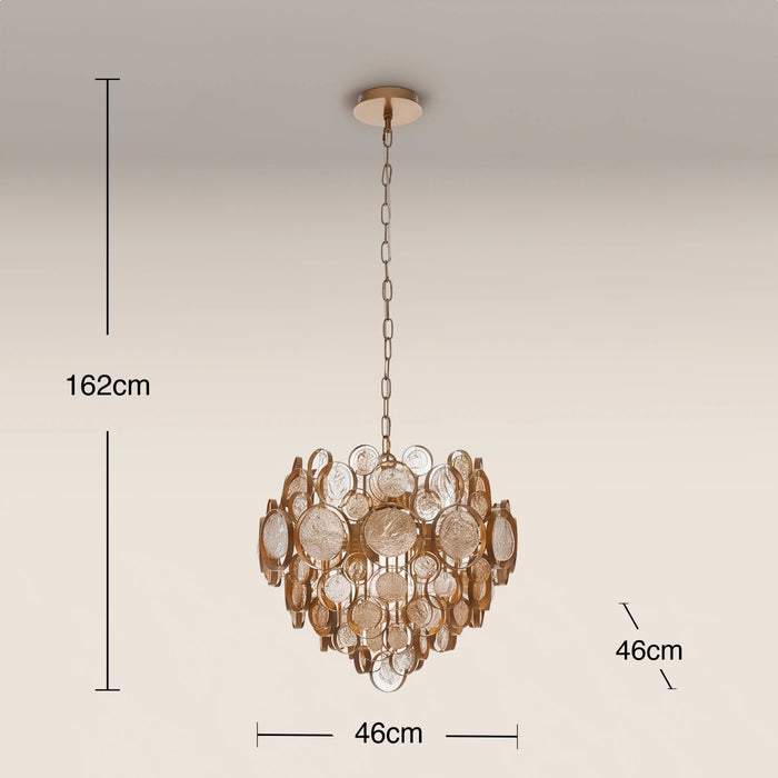 Allegra 6 Light Pendant Light Amber Rippled Glass & Brass