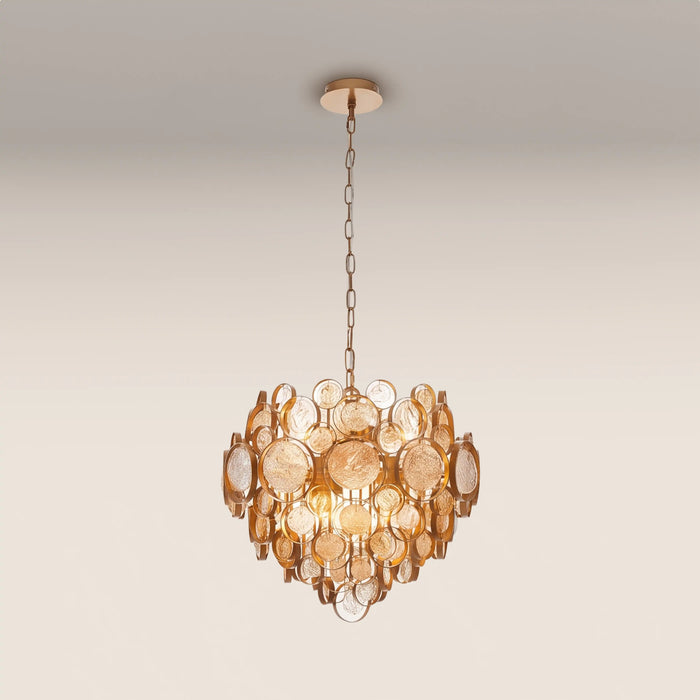 Allegra 6 Light Pendant Light Amber Rippled Glass & Brass