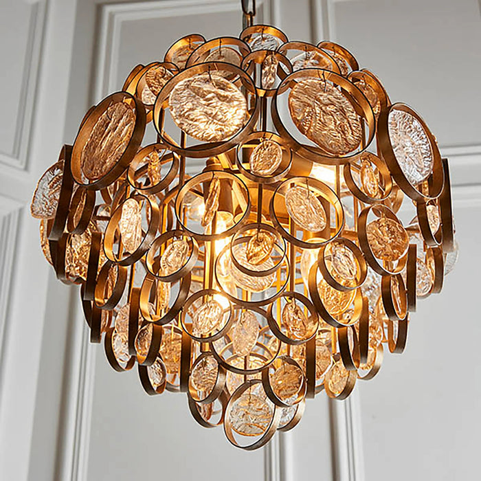 Allegra 6 Light Pendant Light Amber Rippled Glass & Brass