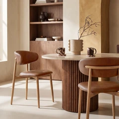 Halston Dining Chair | Vintage Tan Faux Leather & Oak