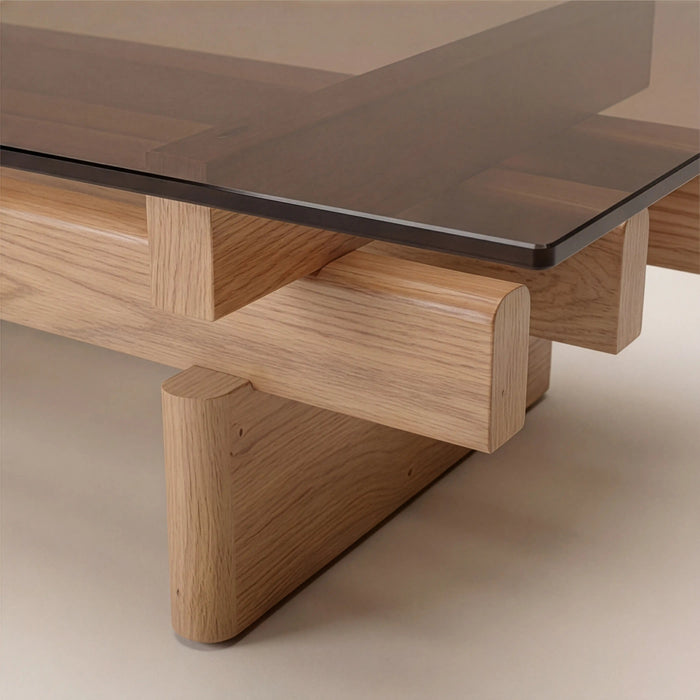 Line Rectangle Coffee Table Amber Brown Glass & Natural