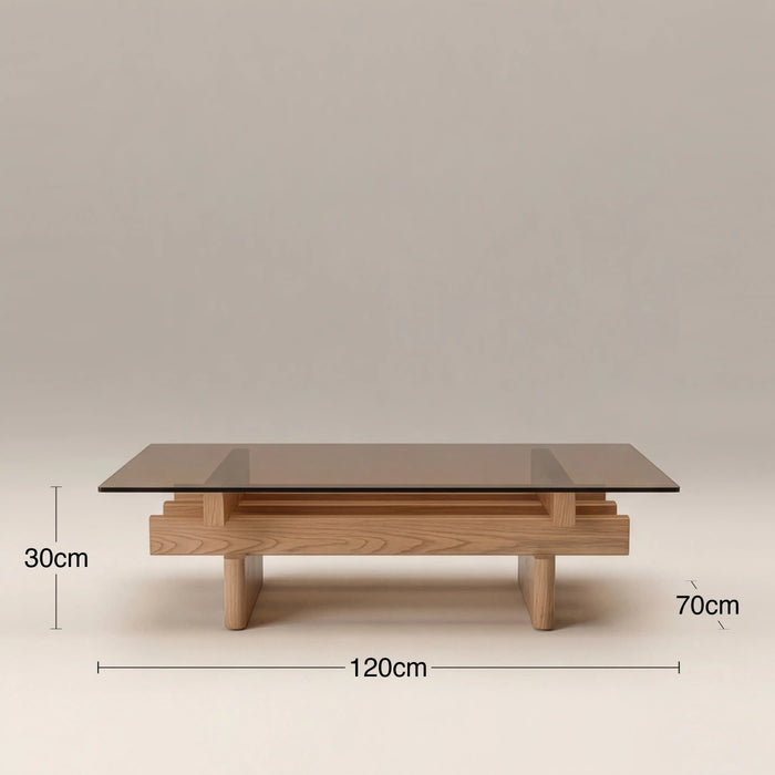 Line Rectangle Coffee Table Amber Brown Glass & Natural