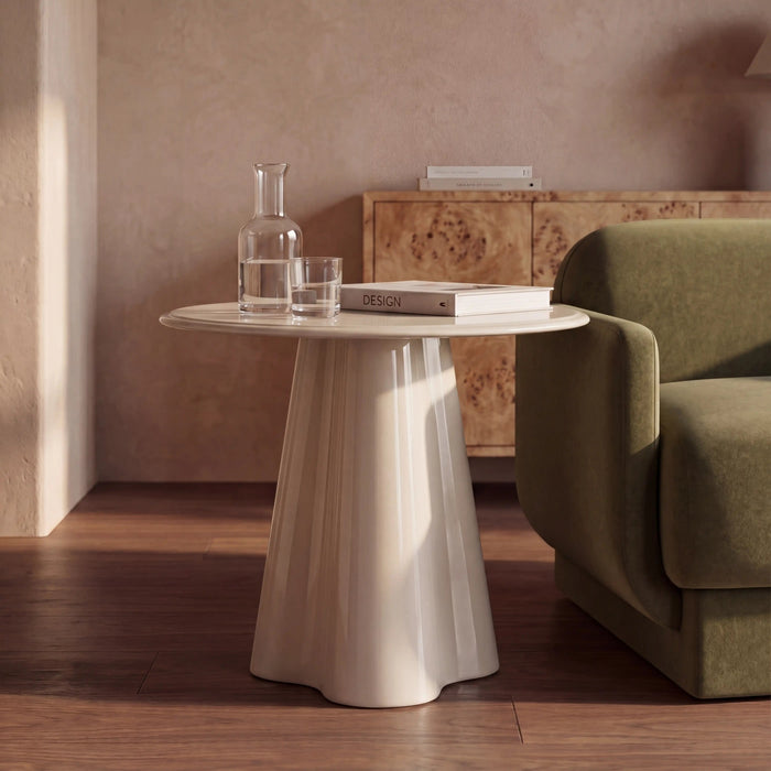 Hadley Round Side Table Soft Ecru Sandblasted Glass & High Gloss Soft Ecru