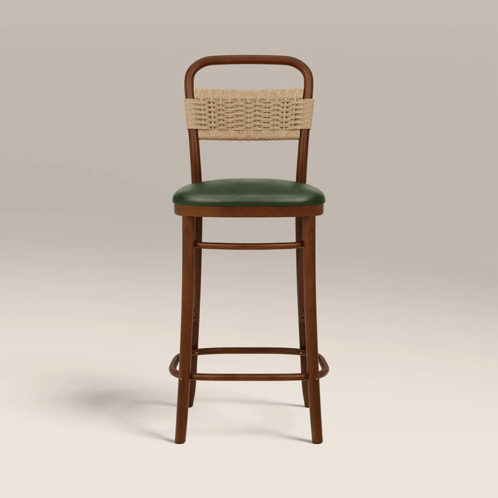Daisy Wooden Bar Stool Vintage Green Faux Leather & Walnut