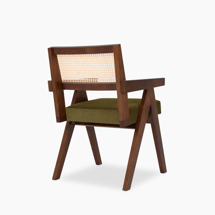 Cary Wooden Carver Dining Chair | Moss Green Sustainable Mohair Velvet & Walnut